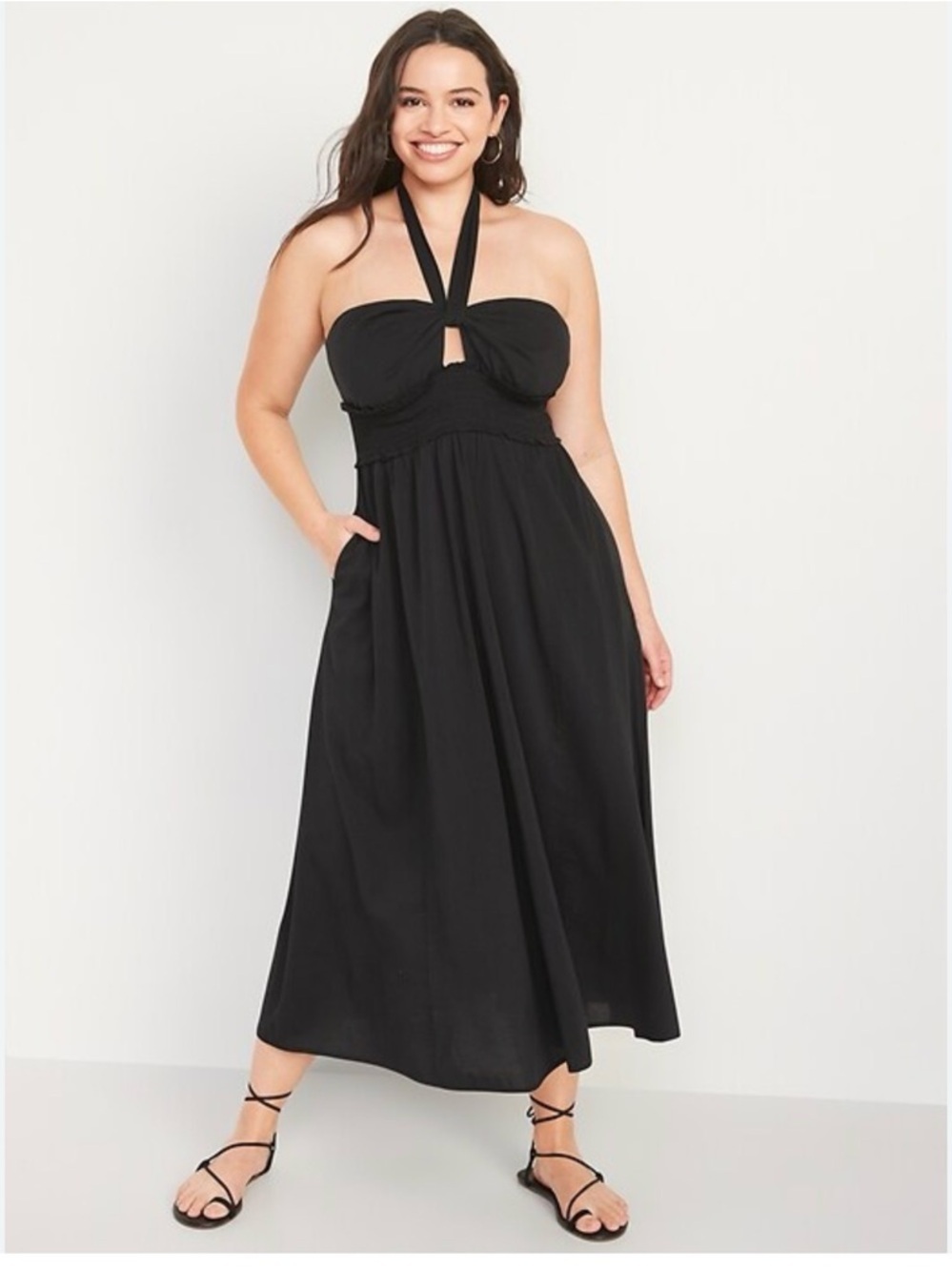 Old Navy Fit & Flare Smocked Twist-Front Halter Maxi Dress - Black - Size M